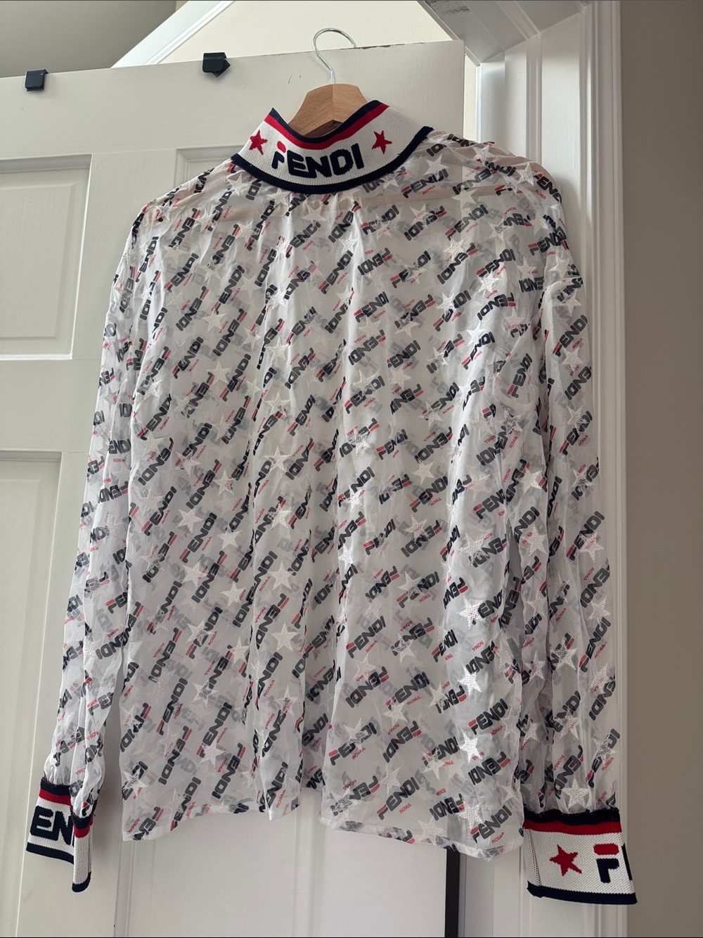 Fendi White Sheer Logo Jacket with Red and Black Trim